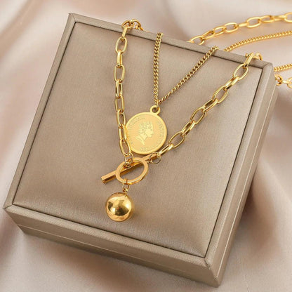 Long Necklaces Charm Jewelry Double Layers Coin Cross ET517 - Touchy Style