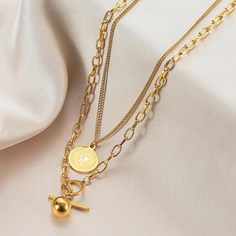 Long Necklaces Charm Jewelry Double Layers Coin Cross ET517 - Touchy Style