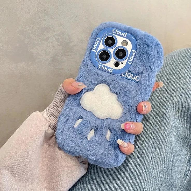 Lovely White Blue Clouds Plush Cute Phone Case for iPhone 11-15 Pro Max and 15 Plus - Touchy Style .