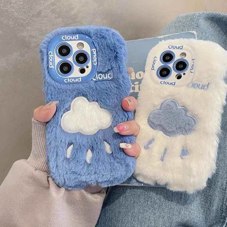 Lovely White Blue Clouds Plush Cute Phone Case for iPhone 11-15 Pro Max and 15 Plus - Touchy Style .