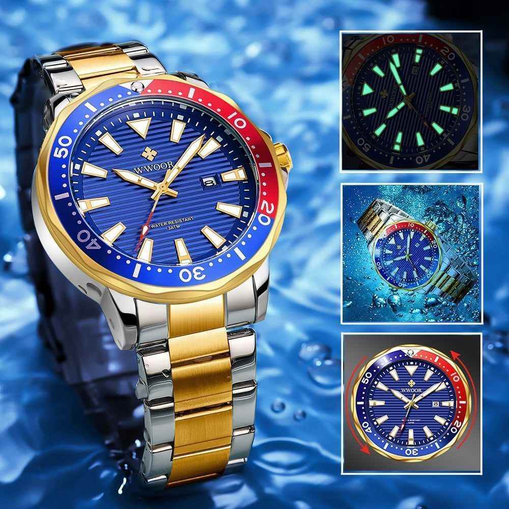 Gold Full Steel Watches Men Luminous Diving Sports Quartz Watch Men Sport Waterproof Military Wrist Watch With Box Pack - Touchy Style .