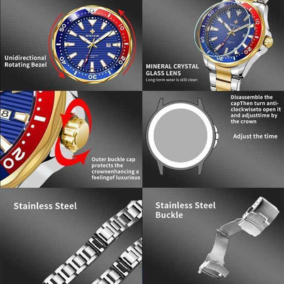 Gold Full Steel Watches Men Luminous Diving Sports Quartz Watch Men Sport Waterproof Military Wrist Watch With Box Pack - Touchy Style .