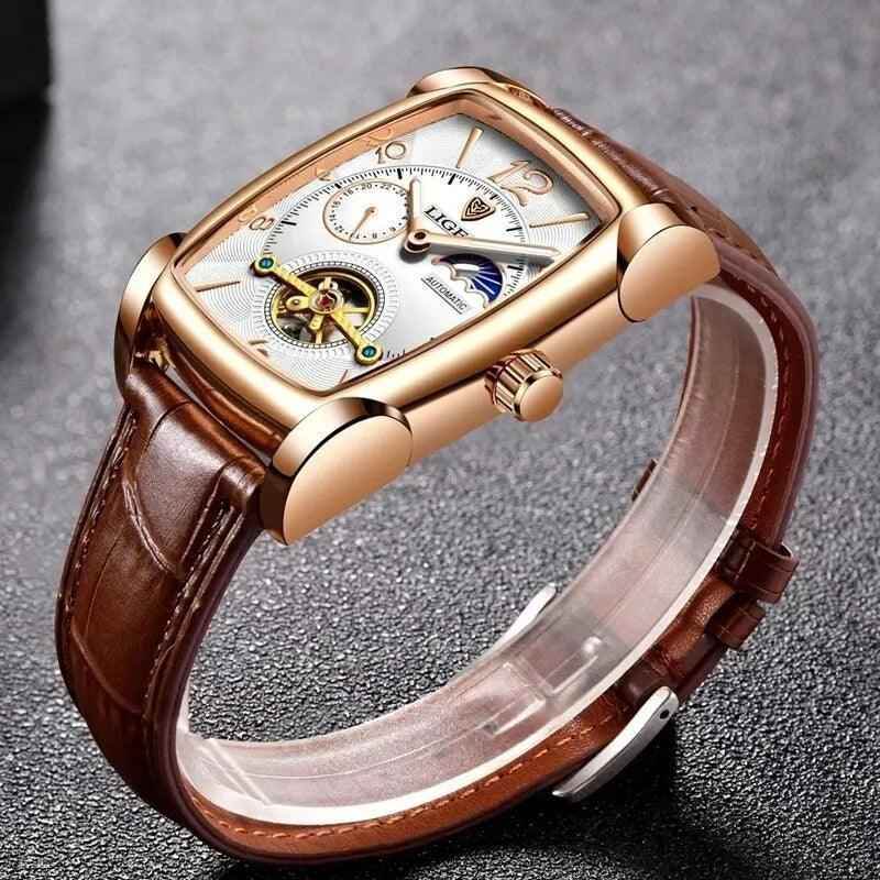 Luxury Gold Automatic Mechanical Men Watches Moon Phase Leather Strap Waterproof Skeleton Self Wind Wristwatch - Touchy Style