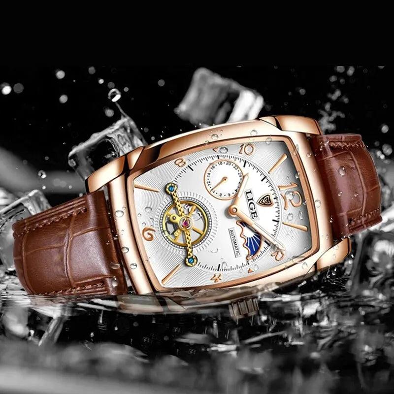 Luxury Gold Automatic Mechanical Men Watches Moon Phase Leather Strap Waterproof Skeleton Self Wind Wristwatch - Touchy Style