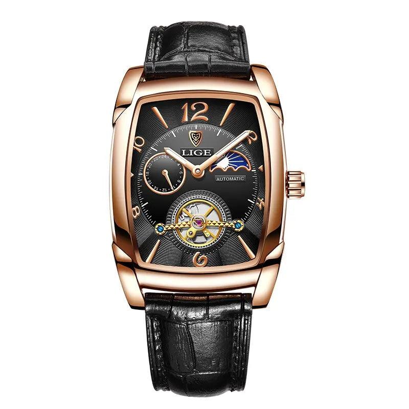 Luxury Gold Automatic Mechanical Men Watches Moon Phase Leather Strap Waterproof Skeleton Self Wind Wristwatch - Touchy Style