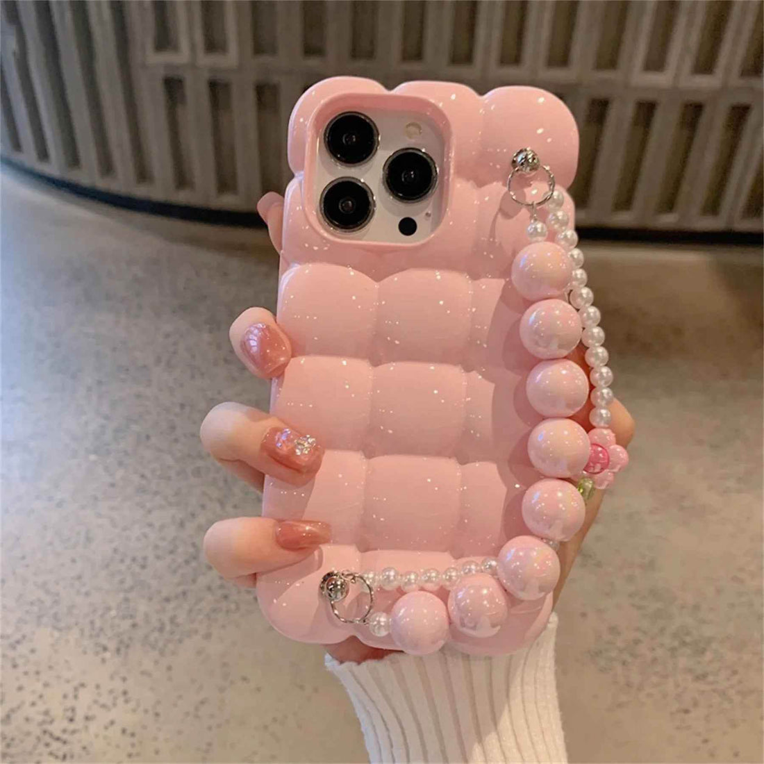 Luxury Pearl Lanyard Chain 3D Ice Lattice Cute Phone Case for iPhone 13 Pro Max, 15, 14, 11, and 12 - Touchy Style .