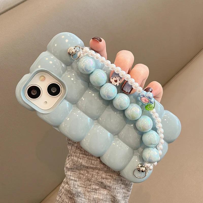 Luxury Pearl Lanyard Chain 3D Ice Lattice Cute Phone Case for iPhone 13 Pro Max, 15, 14, 11, and 12 - Touchy Style .
