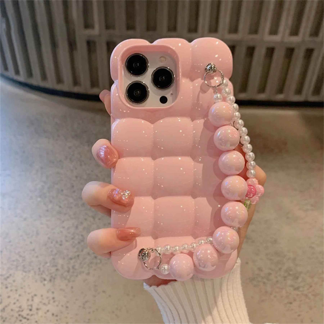 Luxury Pearl Lanyard Chain 3D Ice Lattice Cute Phone Case for iPhone 13 Pro Max, 15, 14, 11, and 12 - Touchy Style .