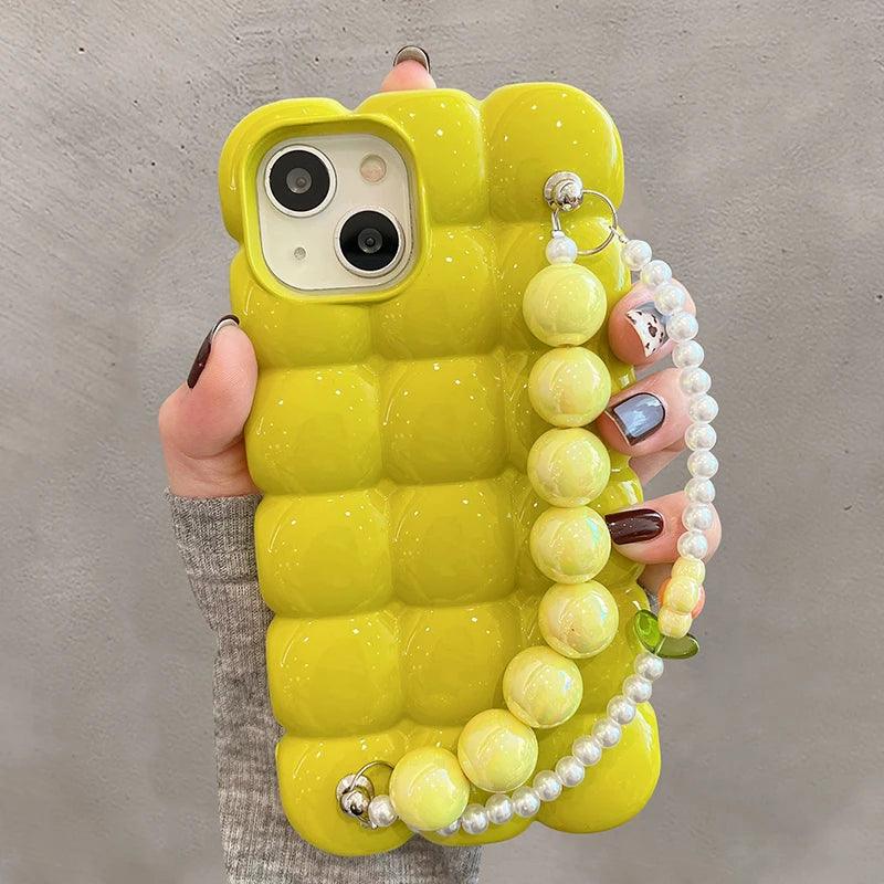 Luxury Pearl Lanyard Chain 3D Ice Lattice Cute Phone Case for iPhone 13 Pro Max, 15, 14, 11, and 12 - Touchy Style .
