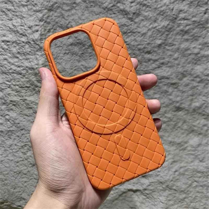 Luxury Weaving Grid Braided Mesh Leather Phone Case for iPhone 15 13, 14 Pro Max - Cute Design - Touchy Style .