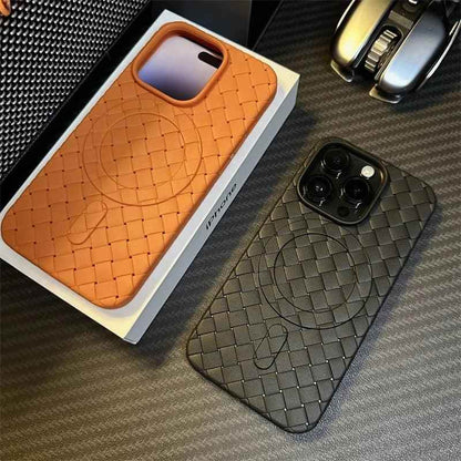 Luxury Weaving Grid Braided Mesh Leather Phone Case for iPhone 15 13, 14 Pro Max - Cute Design - Touchy Style .