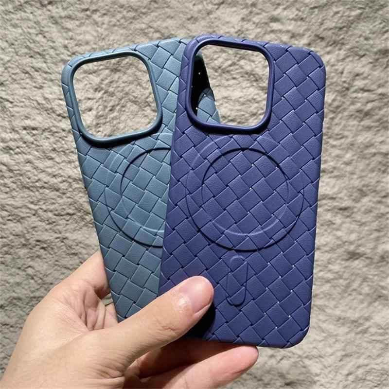 Luxury Weaving Grid Braided Mesh Leather Phone Case for iPhone 15 13, 14 Pro Max - Cute Design - Touchy Style
