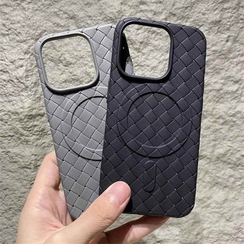 Luxury Weaving Grid Braided Mesh Leather Phone Case for iPhone 15 13, 14 Pro Max - Cute Design - Touchy Style .