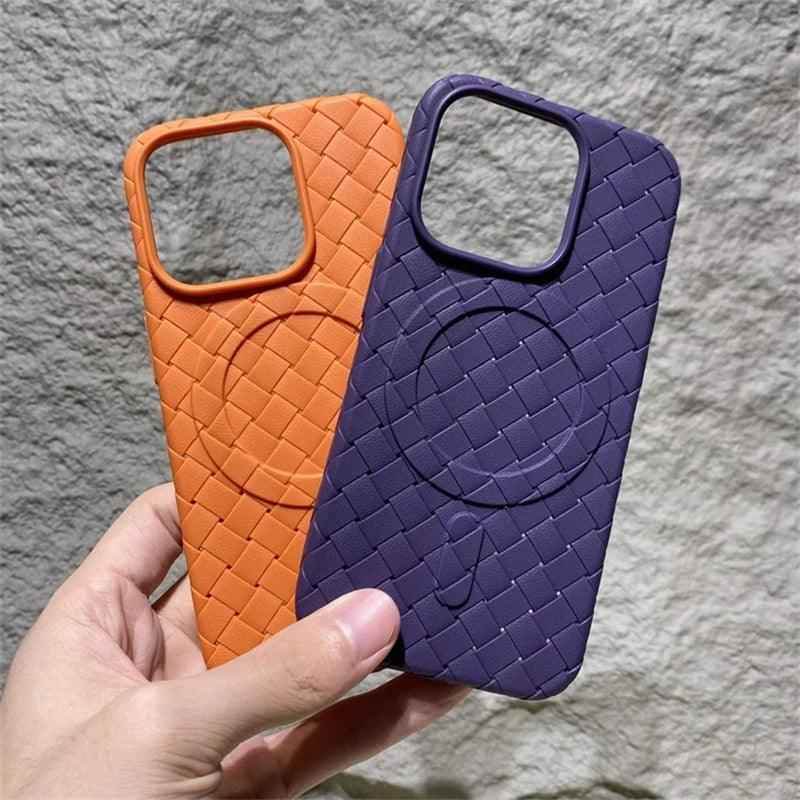 Luxury Weaving Grid Braided Mesh Leather Phone Case for iPhone 15 13, 14 Pro Max - Cute Design - Touchy Style .