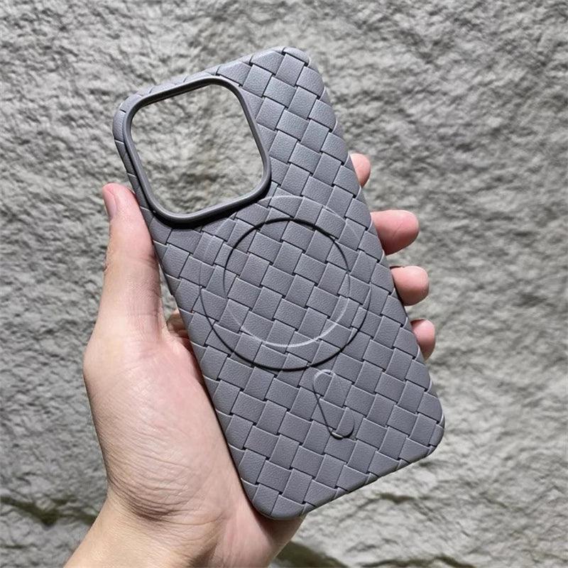 Luxury Weaving Grid Braided Mesh Leather Phone Case for iPhone 15 13, 14 Pro Max - Cute Design - Touchy Style .