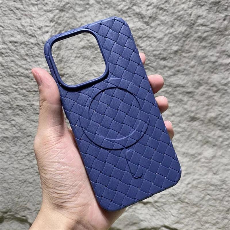 Luxury Weaving Grid Braided Mesh Leather Phone Case for iPhone 15 13, 14 Pro Max - Cute Design - Touchy Style .