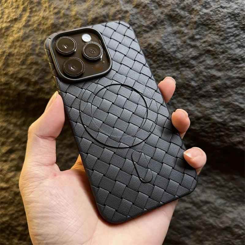 Luxury Weaving Grid Braided Mesh Leather Phone Case for iPhone 15 13, 14 Pro Max - Cute Design - Touchy Style .