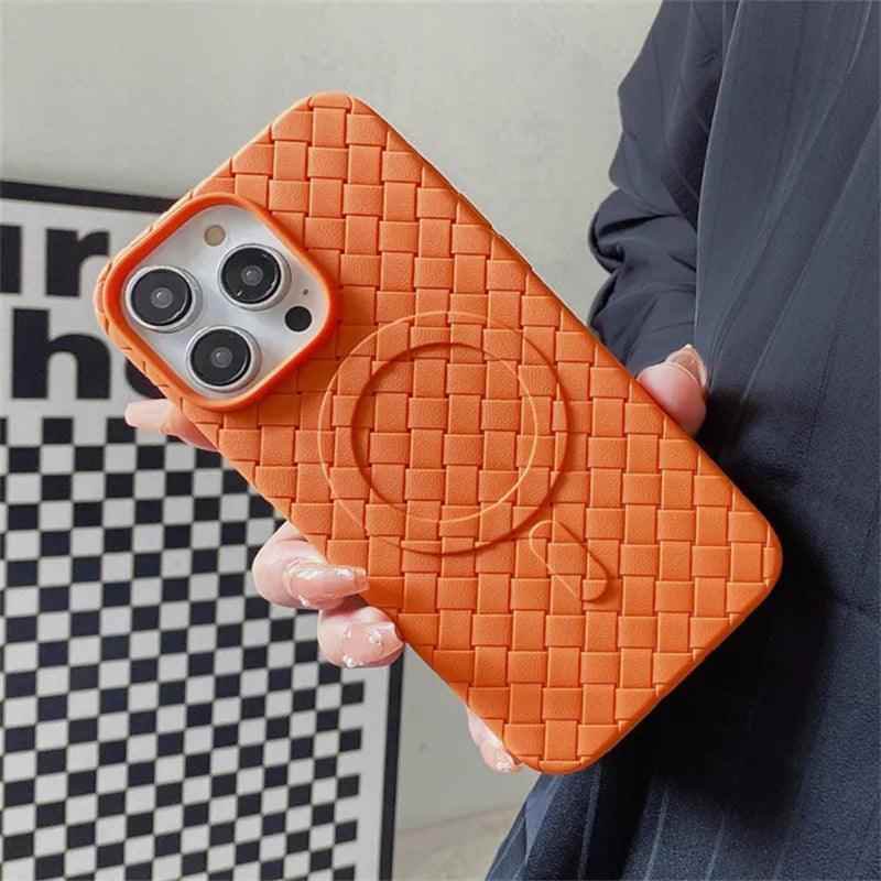 Luxury Weaving Grid Braided Mesh Leather Phone Case for iPhone 15 13, 14 Pro Max - Cute Design - Touchy Style .