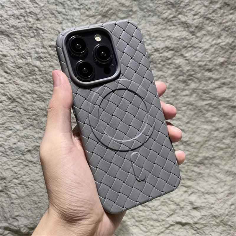 Luxury Weaving Grid Braided Mesh Leather Phone Case for iPhone 15 13, 14 Pro Max - Cute Design - Touchy Style .