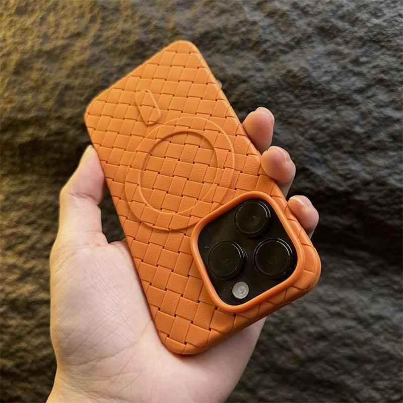 Luxury Weaving Grid Braided Mesh Leather Phone Case for iPhone 15 13, 14 Pro Max - Cute Design - Touchy Style .