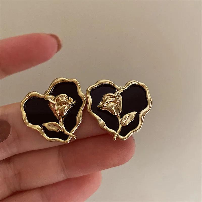 Metal Heart Rose B6614 - Stud Earring Charm Jewelry - Touchy Style .