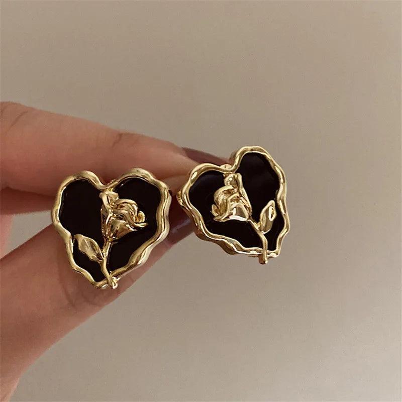 Metal Heart Rose B6614 - Stud Earring Charm Jewelry - Touchy Style .
