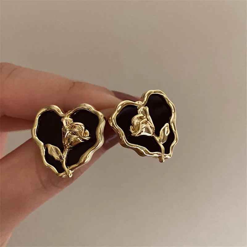 Metal Heart Rose B6614 - Stud Earring Charm Jewelry - Touchy Style .