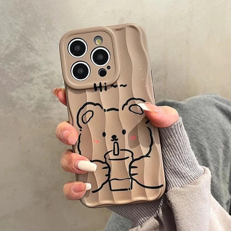 Milk Tea Bear Wave Lines Cute Phone Case For iPhone 15 Pro Max, 14, 13, 11, 12 - Touchy Style .