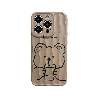 Milk Tea Bear Wave Lines Cute Phone Case For iPhone 15 Pro Max, 14, 13, 11, 12 - Touchy Style