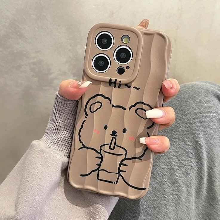 Milk Tea Bear Wave Lines Cute Phone Case For iPhone 15 Pro Max, 14, 13, 11, 12 - Touchy Style .