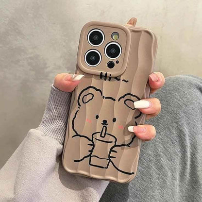 Milk Tea Bear Wave Lines Cute Phone Case For iPhone 15 Pro Max, 14, 13, 11, 12 - Touchy Style