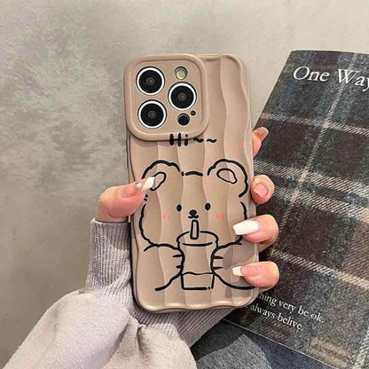 Milk Tea Bear Wave Lines Cute Phone Case For iPhone 15 Pro Max, 14, 13, 11, 12 - Touchy Style .