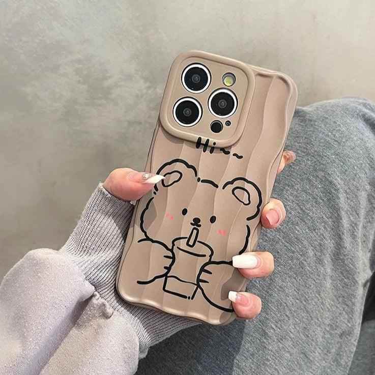 Milk Tea Bear Wave Lines Cute Phone Case For iPhone 15 Pro Max, 14, 13, 11, 12 - Touchy Style .