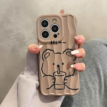 Milk Tea Bear Wave Lines Cute Phone Case For iPhone 15 Pro Max, 14, 13, 11, 12 - Touchy Style