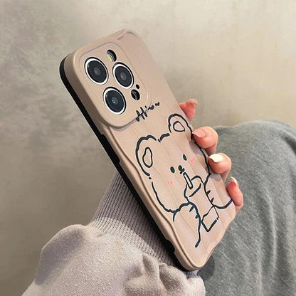 Milk Tea Bear Wave Lines Cute Phone Case For iPhone 15 Pro Max, 14, 13, 11, 12 - Touchy Style .