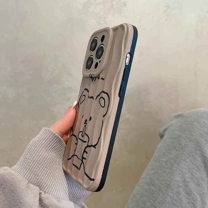 Milk Tea Bear Wave Lines Cute Phone Case For iPhone 15 Pro Max, 14, 13, 11, 12 - Touchy Style .