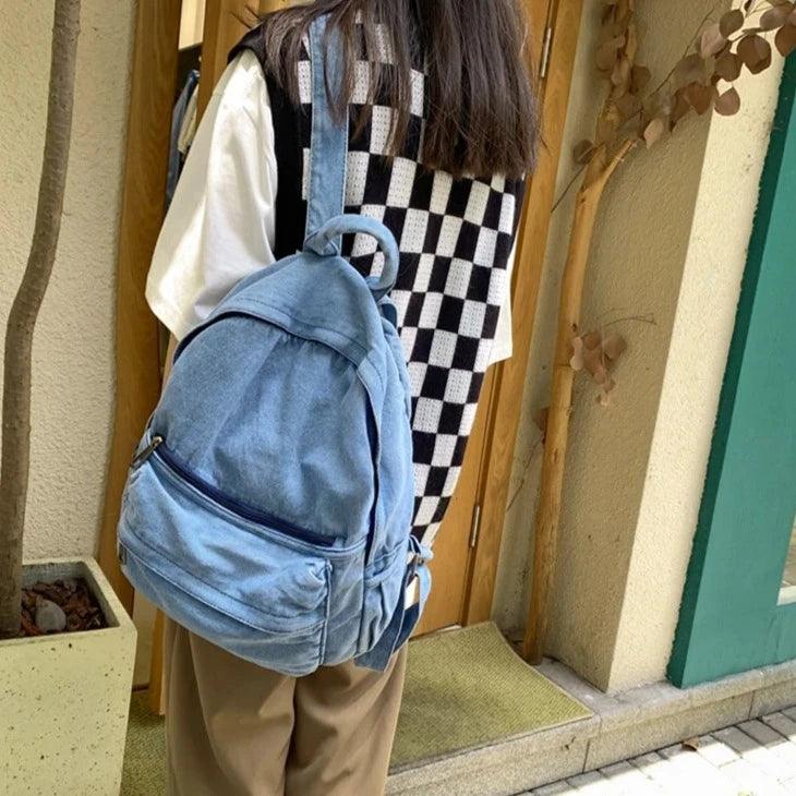 Multifunction Denim Cool Backpack EN257 - Korean Style Blue School Bag - Touchy Style