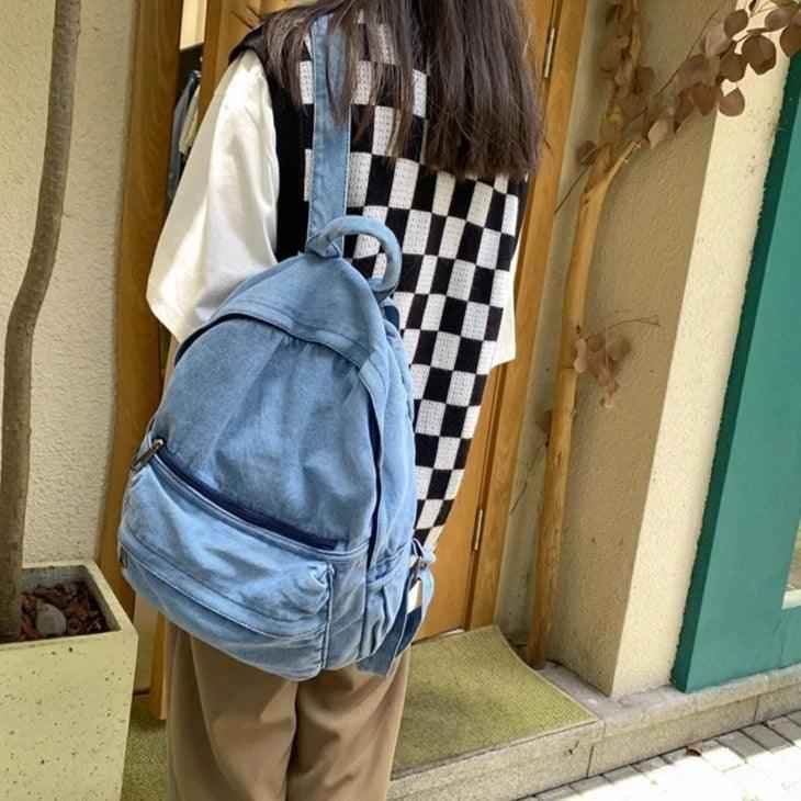 Multifunction Denim Cool Backpack EN257 - Korean Style Blue School Bag - Touchy Style