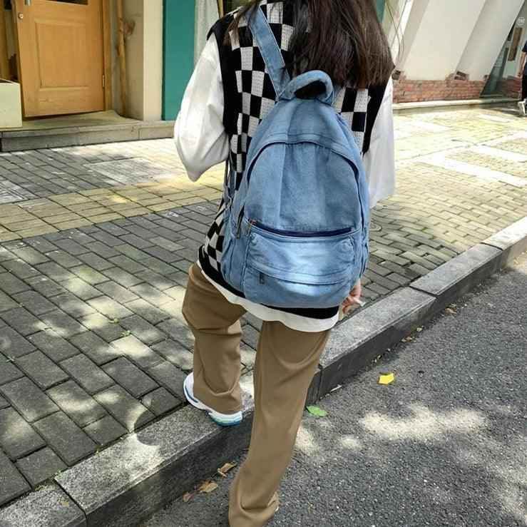 Multifunction Denim Cool Backpack EN257 - Korean Style Blue School Bag - Touchy Style