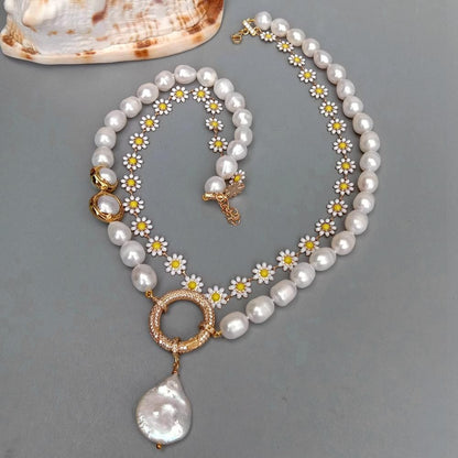 Multilayer Necklaces Charm Jewelry NCJYS46 - Flower Chain and Baroque Pearl - Touchy Style .