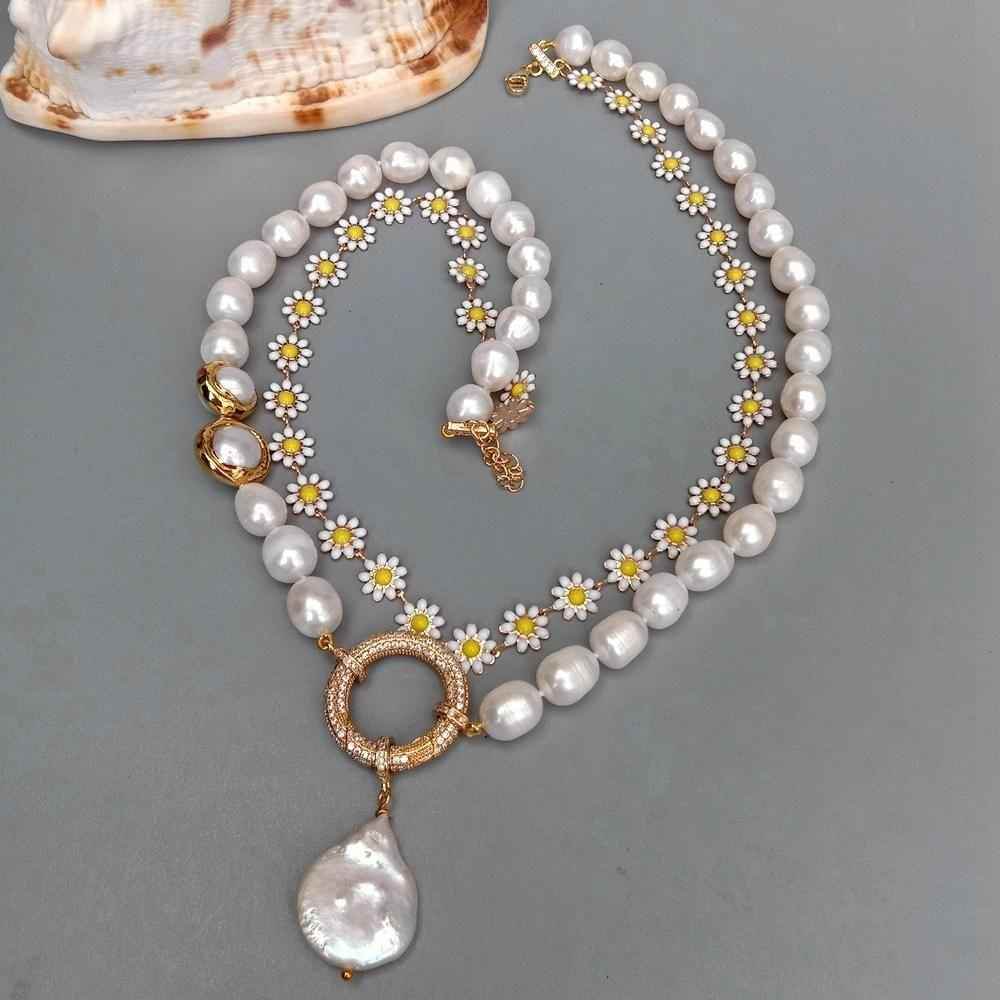 Multilayer Necklaces Charm Jewelry NCJYS46 - Flower Chain and Baroque Pearl - Touchy Style