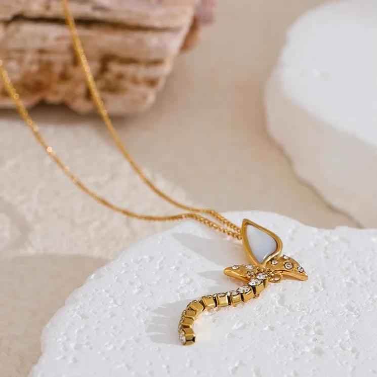 Necklace Charm Jewelry - Butterfly Shell Cubic Zirconia Chain - YH3708A - Touchy Style