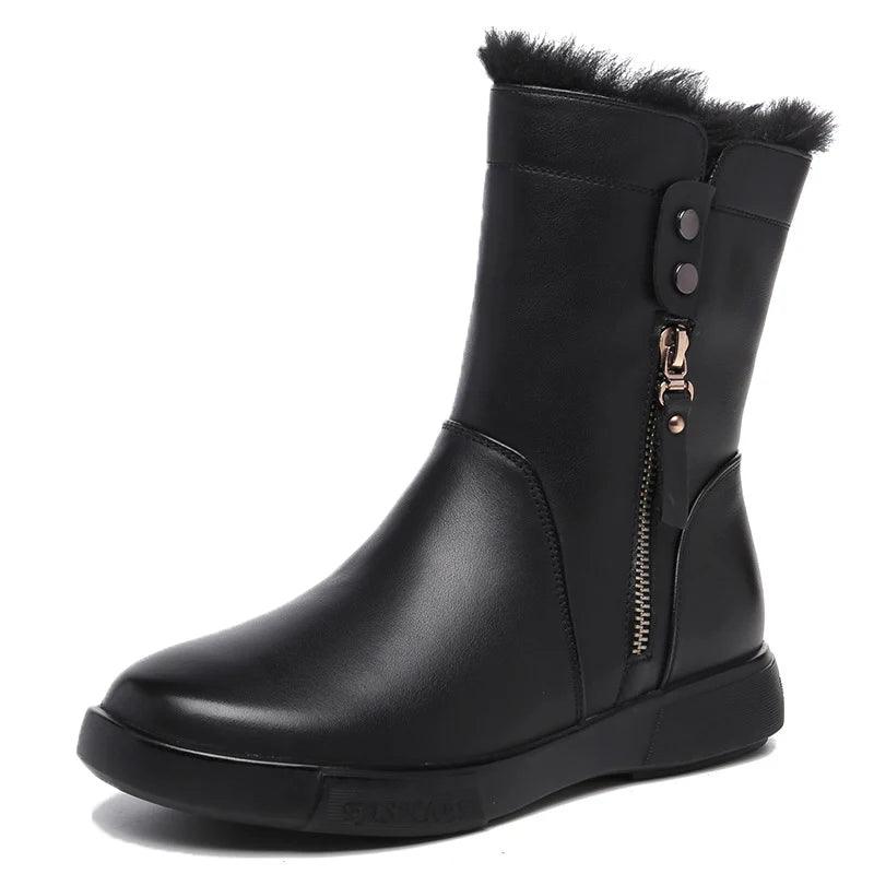 Non-Slip Leather Flat Mid-Calf Boots Women&