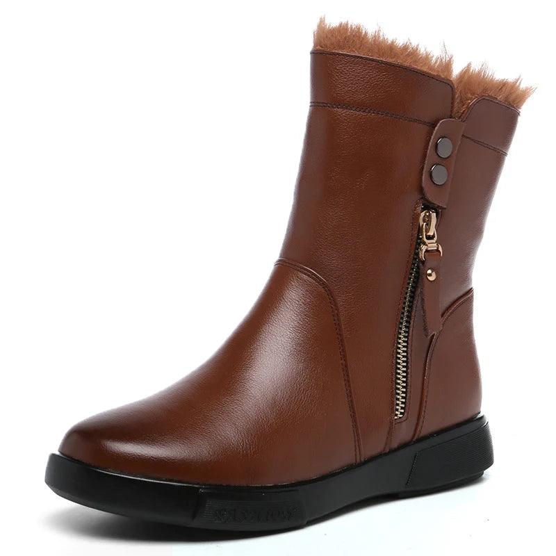 Non-Slip Leather Flat Mid-Calf Boots Women&