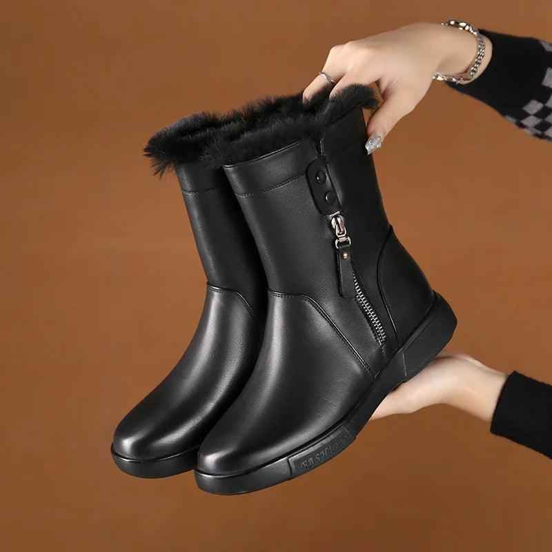 Non-Slip Leather Flat Mid-Calf Boots Women&