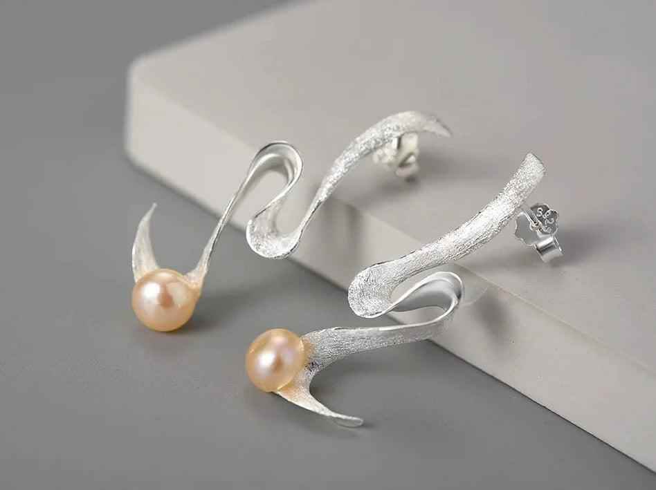 Pearl Minimalism: LFJA0118 Spiral Curved Stud Earrings in 925 Sterling Silver, Charm Jewelry - Touchy Style