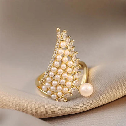 Pearl Zircon Wing Shape Opening Finger Rings Charm Jewelry XYS0345 - Touchy Style .