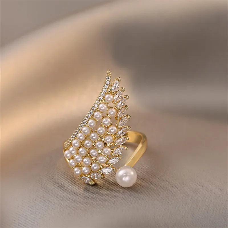 Pearl Zircon Wing Shape Opening Finger Rings Charm Jewelry XYS0345 - Touchy Style .