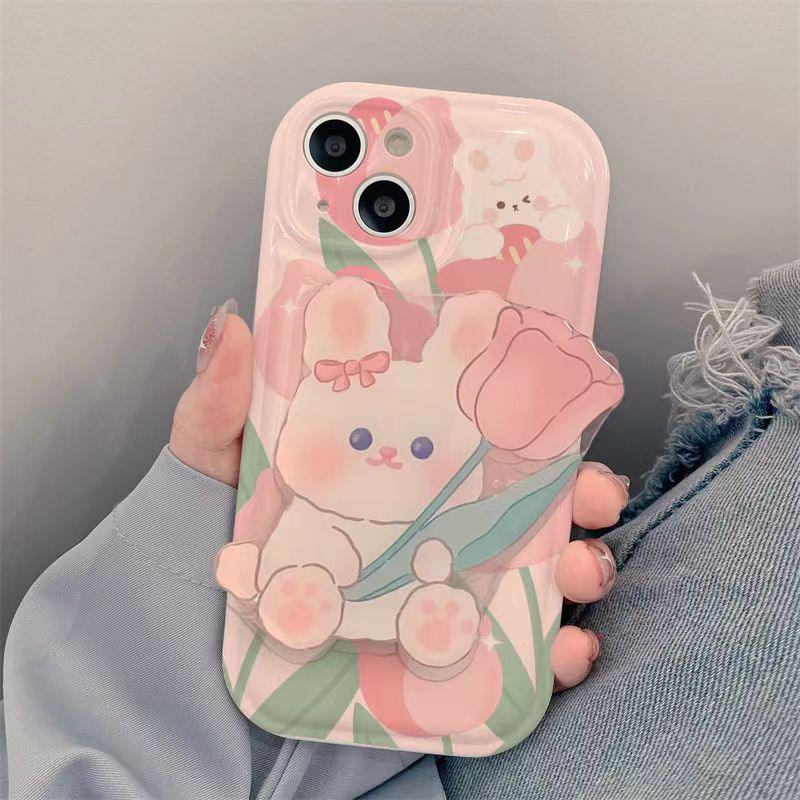 Pink Tulip Rabbit Cute Phone Case With Holder For iPhone 14 Plus, 7, 8, X, XS, XR, 11, 12, and 13 Pro Max - Touchy Style .