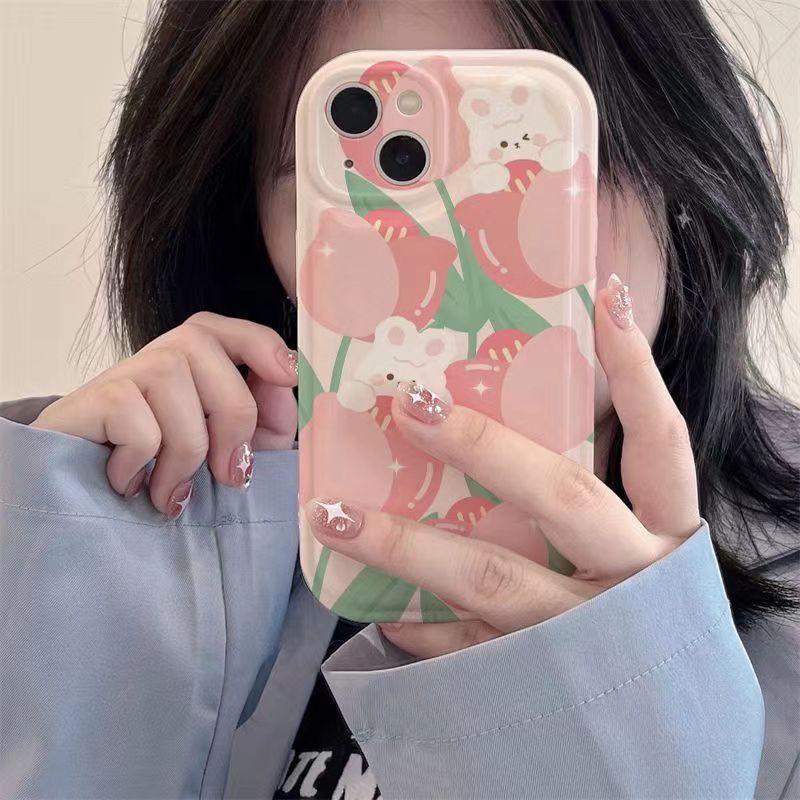 Pink Tulip Rabbit Cute Phone Case With Holder For iPhone 14 Plus, 7, 8, X, XS, XR, 11, 12, and 13 Pro Max - Touchy Style .